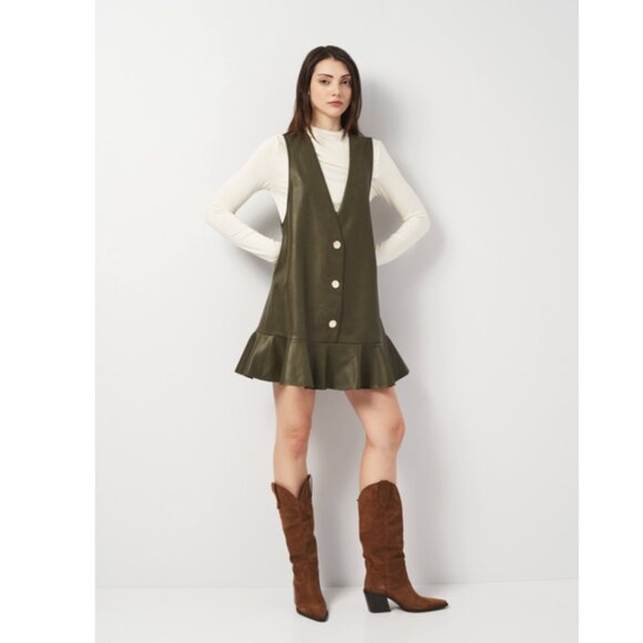 Zara Olive Green Faux Leather Sleeveless Dress Size M Button Front Mini Retro - Picture 1 of 13